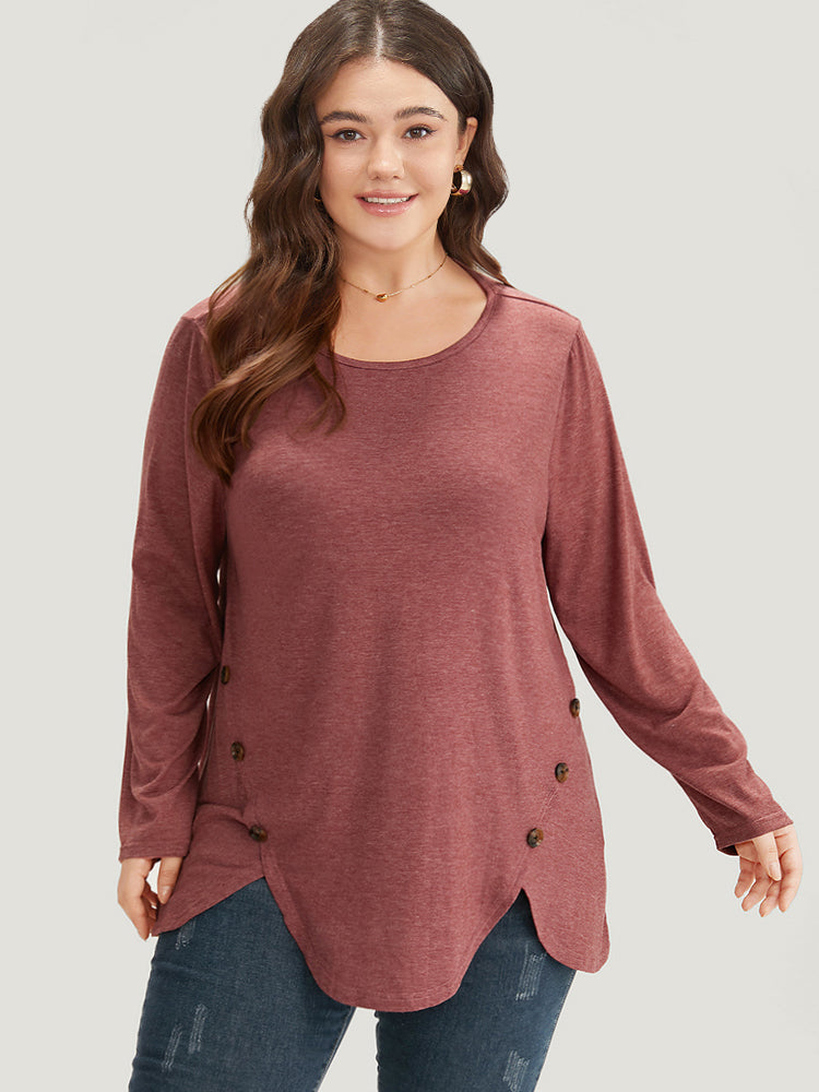 Plain Round Neck Button Detail T-shirt