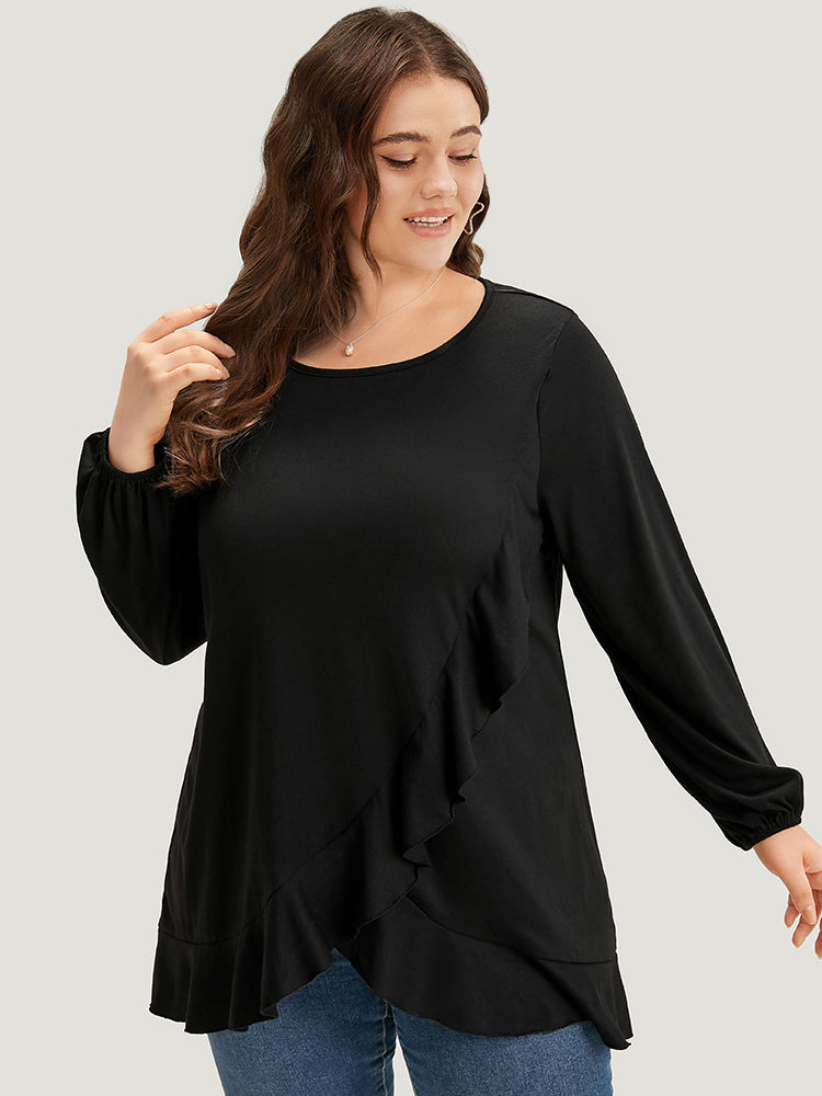 Plain Ruffle Trim Round Neck Lantern Sleeve T-shirt