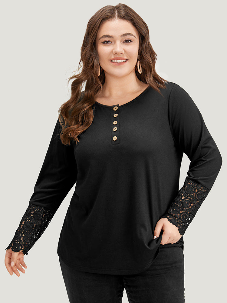 Halloween Solid Round Neck Button Up Lace Panel T-shirt