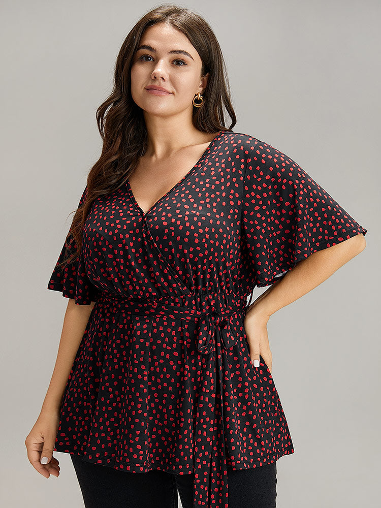 Polka Dot Belted Wrap Ruffle Sleeve T-shirt