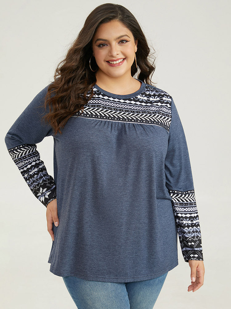 Boho Print Round Neck Gathered T-shirt