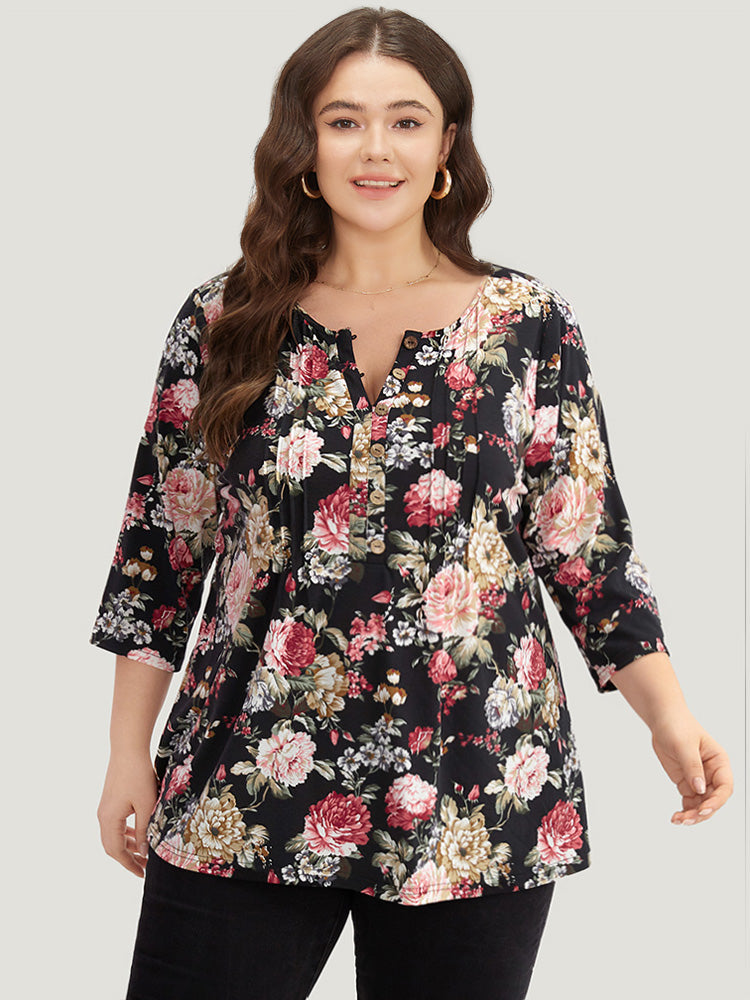 Floral Print Pleated Button Up T-shirt