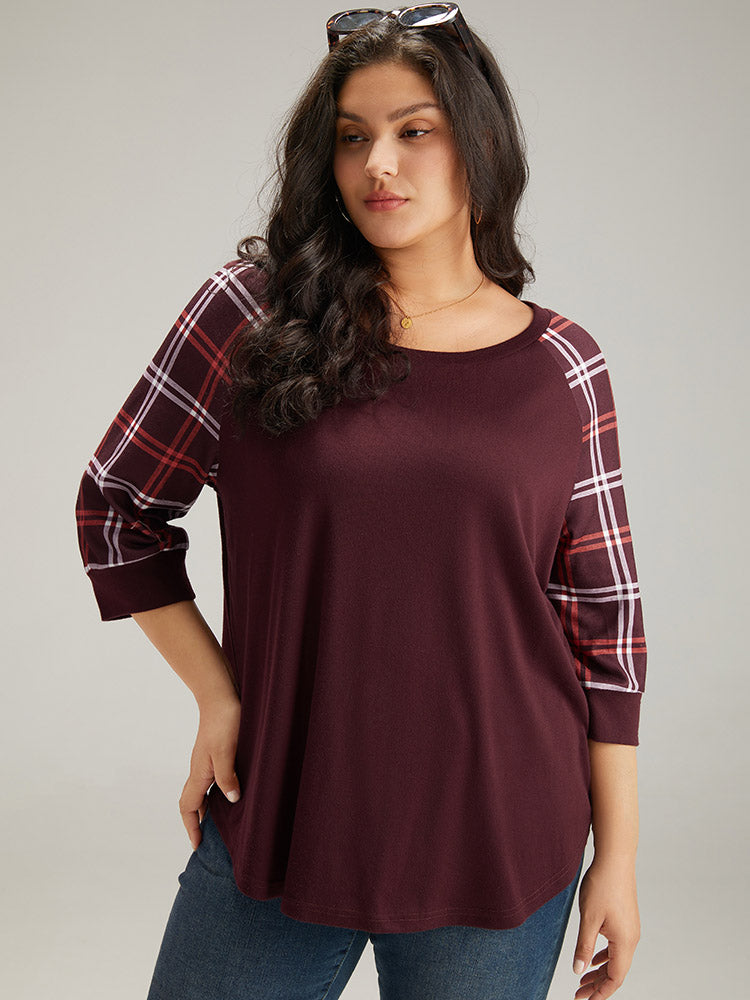 Plaid Patchwork Contrast Raglan Sleeve T-shirt