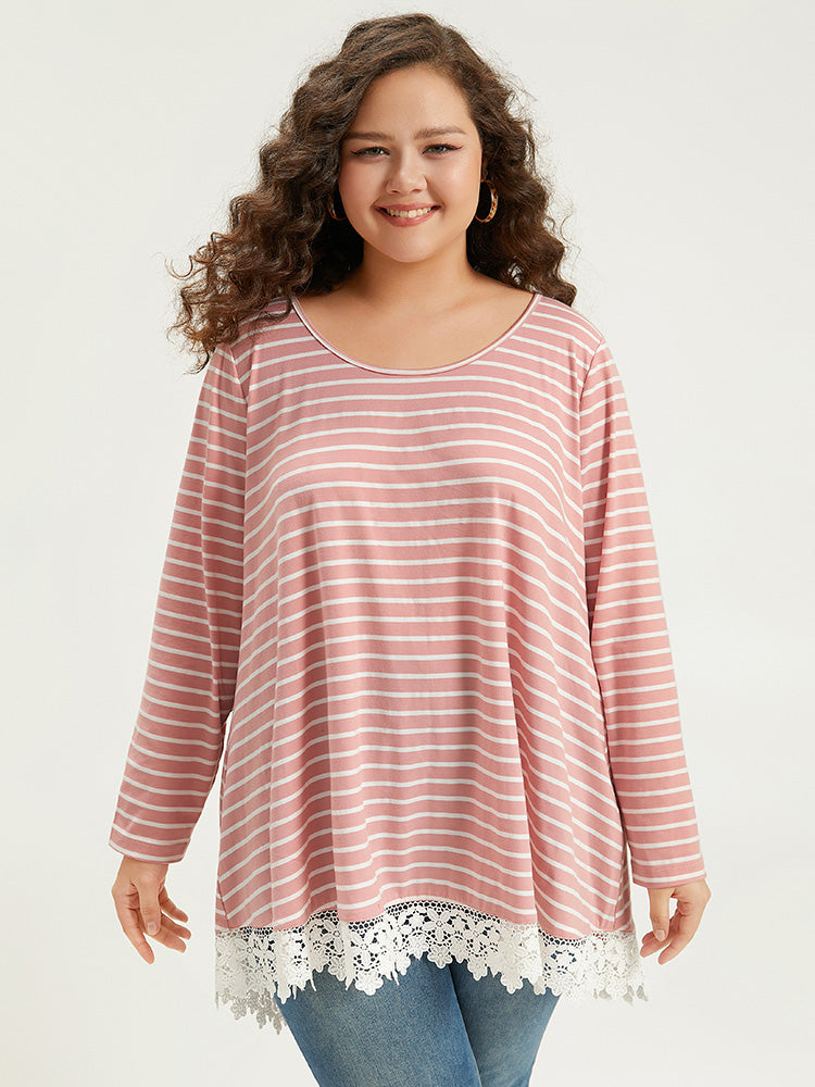 Striped Guipure Lace Crew Neck T-shirt