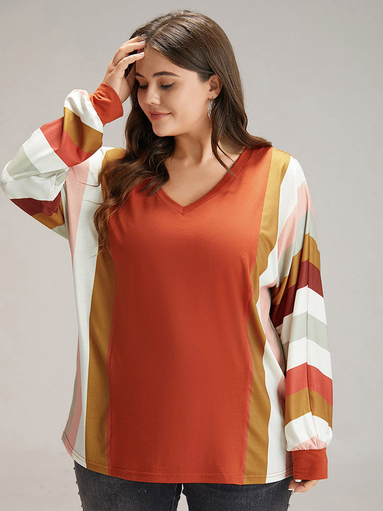 Colour Striped V Neck Batwing Sleeve T-shirt