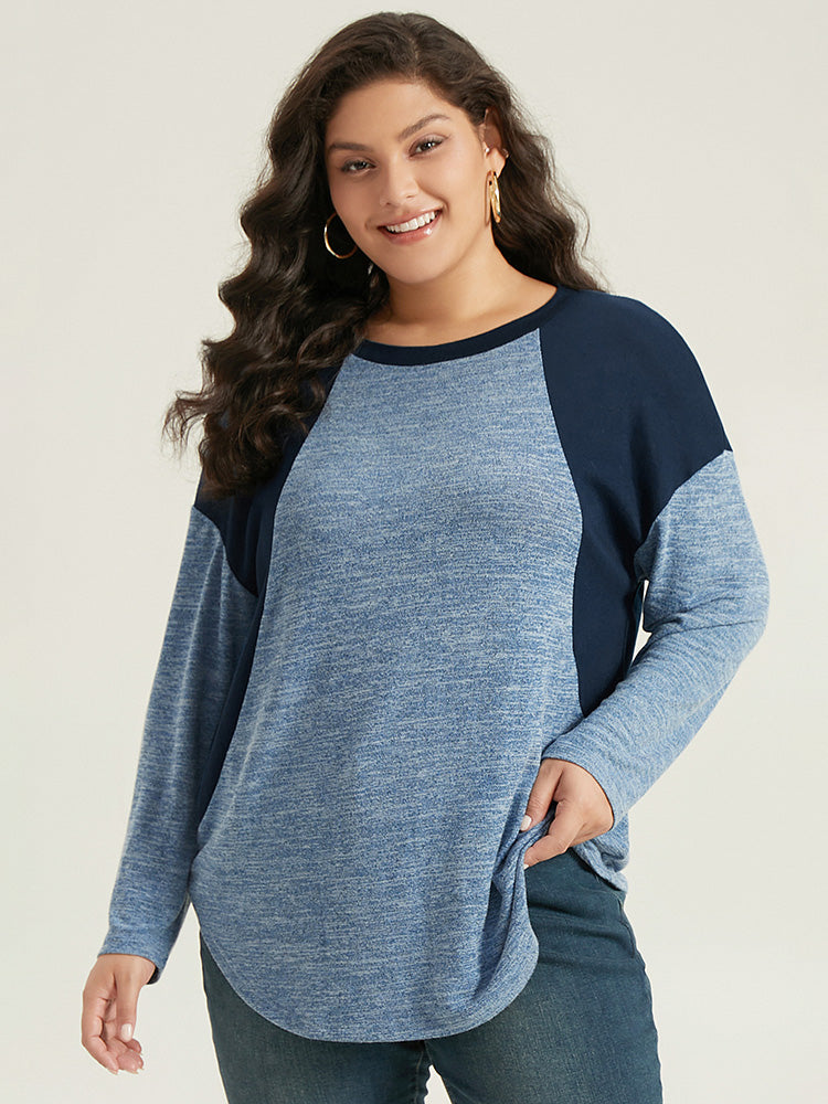 Heather Patchwork Round Neck Curved Hem T-shirt