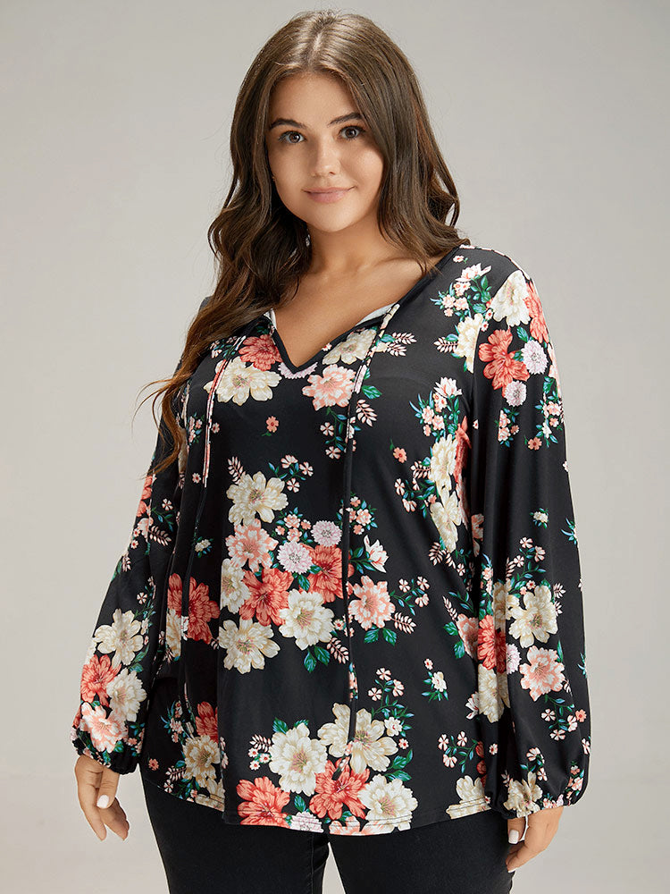 Floral Tie Neck Lantern Sleeve T-shirt