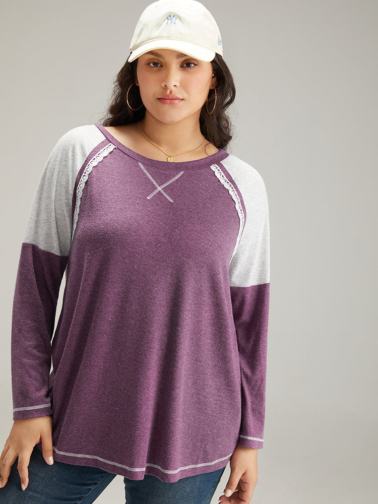 Two Tone Lace Trim Stitch Raglan Sleeve T-shirt