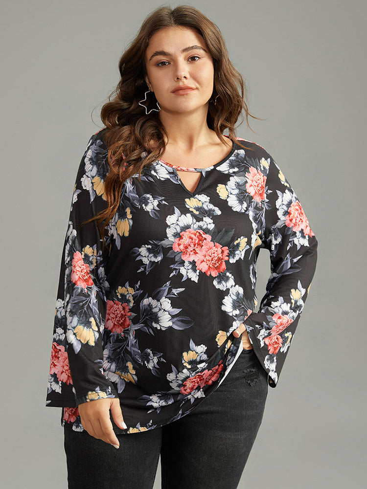 Floral Keyhole Ruffle Sleeve T-shirt