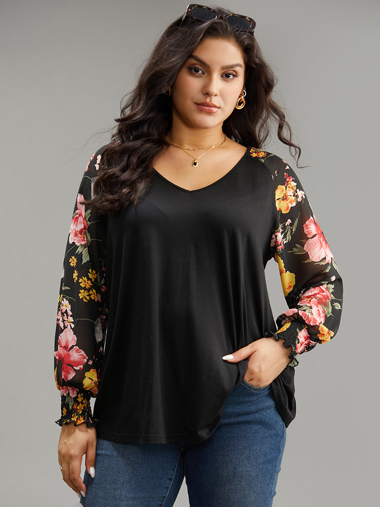 Chiffon Floral Shirred Patchwork Raglan Sleeve T-shirt