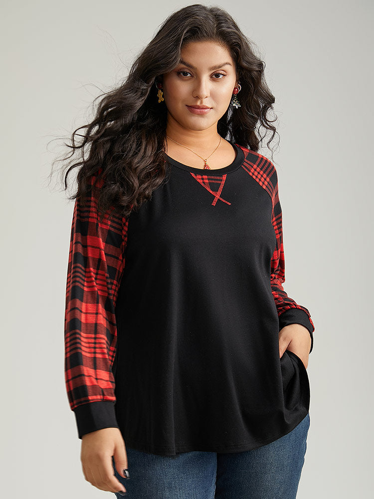 Plaid Contrast Stitch Raglan Sleeve T-shirt