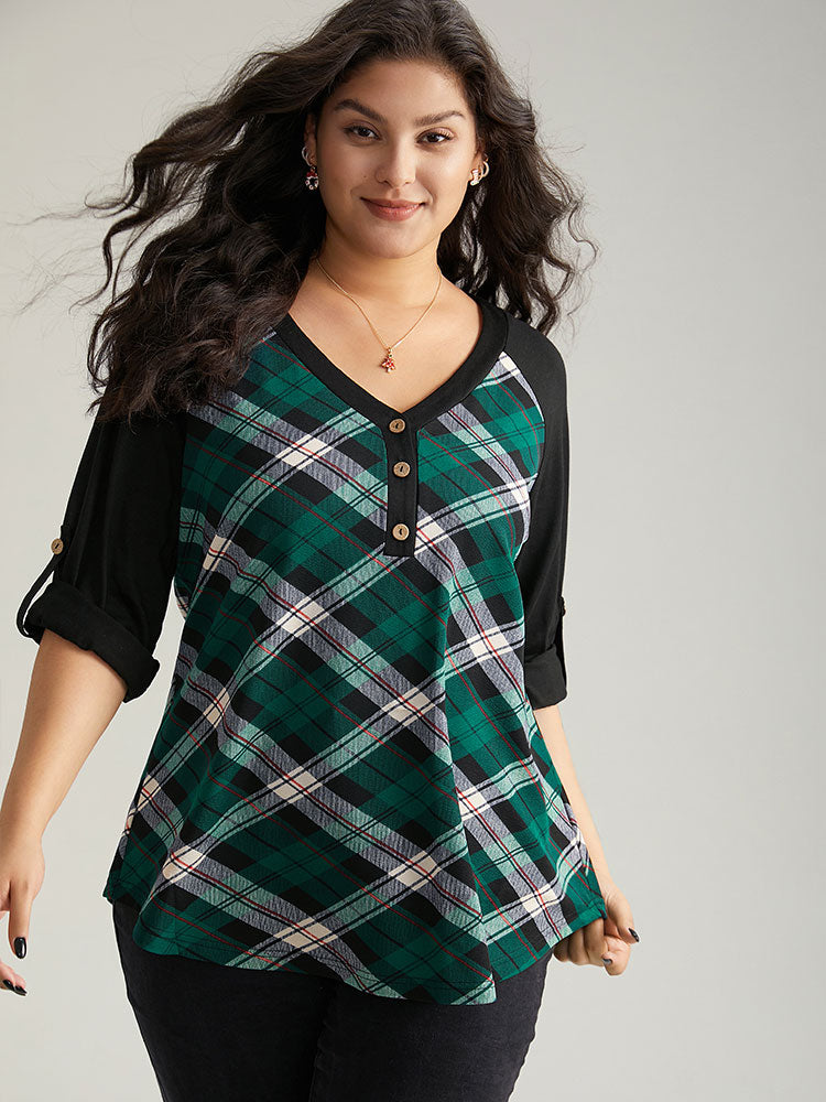 Plaid Contrast Roll Raglan Sleeve T-shirt