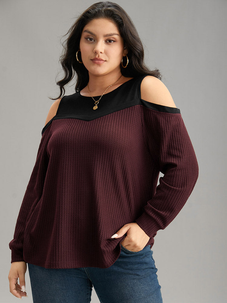 Cold Shoulder Patchwork Contrast Waffle Knit T-shirt