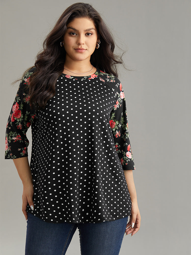 Polka Dot Patchwork Floral Contrast T-shirt