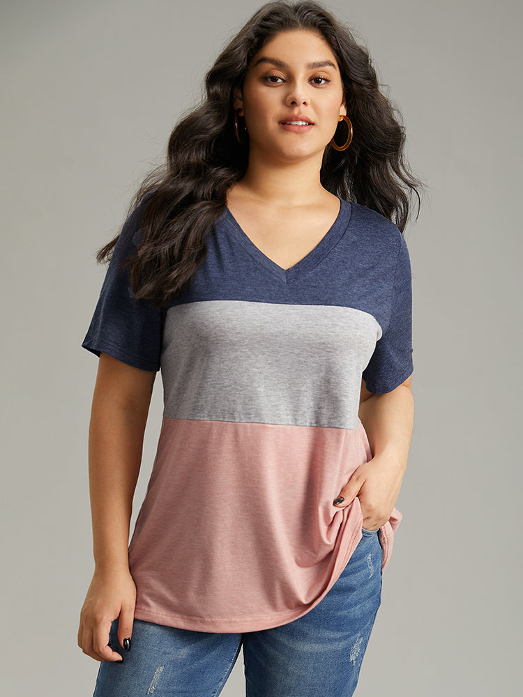 Colorblock Contrast V Neck T-shirt