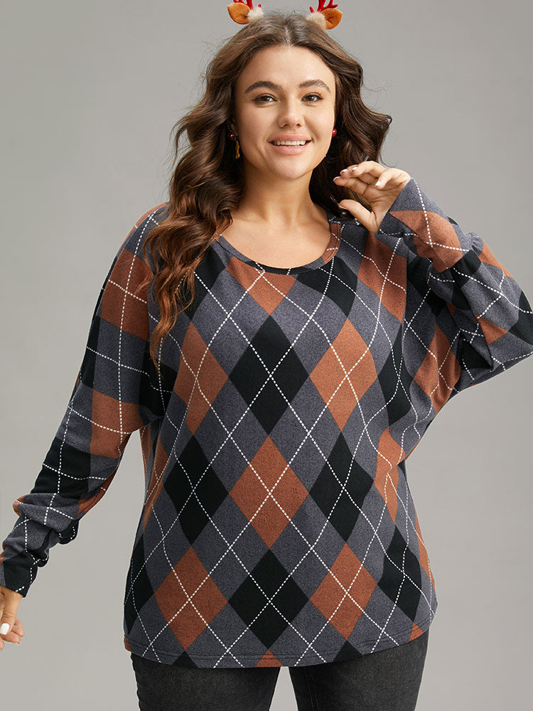 Plaid Contrast Round Neck Dolman Sleeve T-shirt