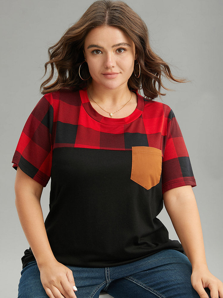 Plaid Contrast Patchwork Pocket Round Neck T-shirt