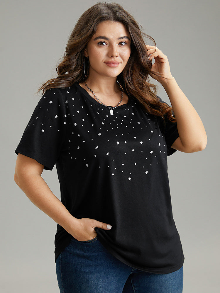 Glitter Star Print Crew Neck T-shirt