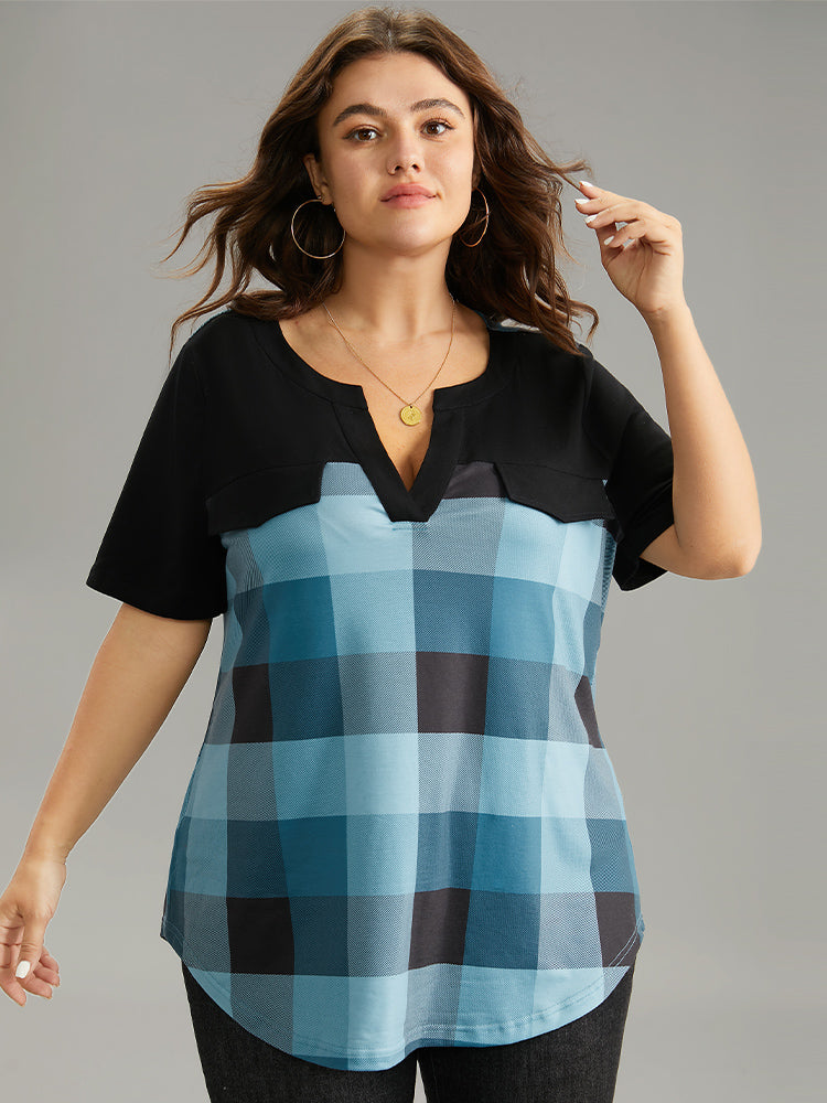 Plaid Patchwork Contrast Notched Arc Hem T-shirt