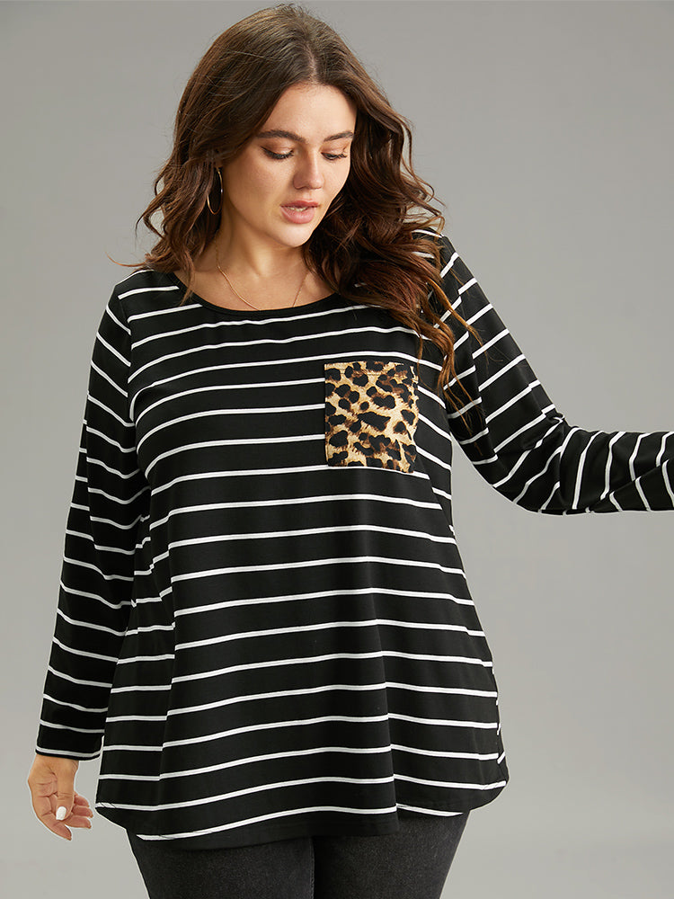 Leopard Striped Patchwork Contrast Pocket T-shirt