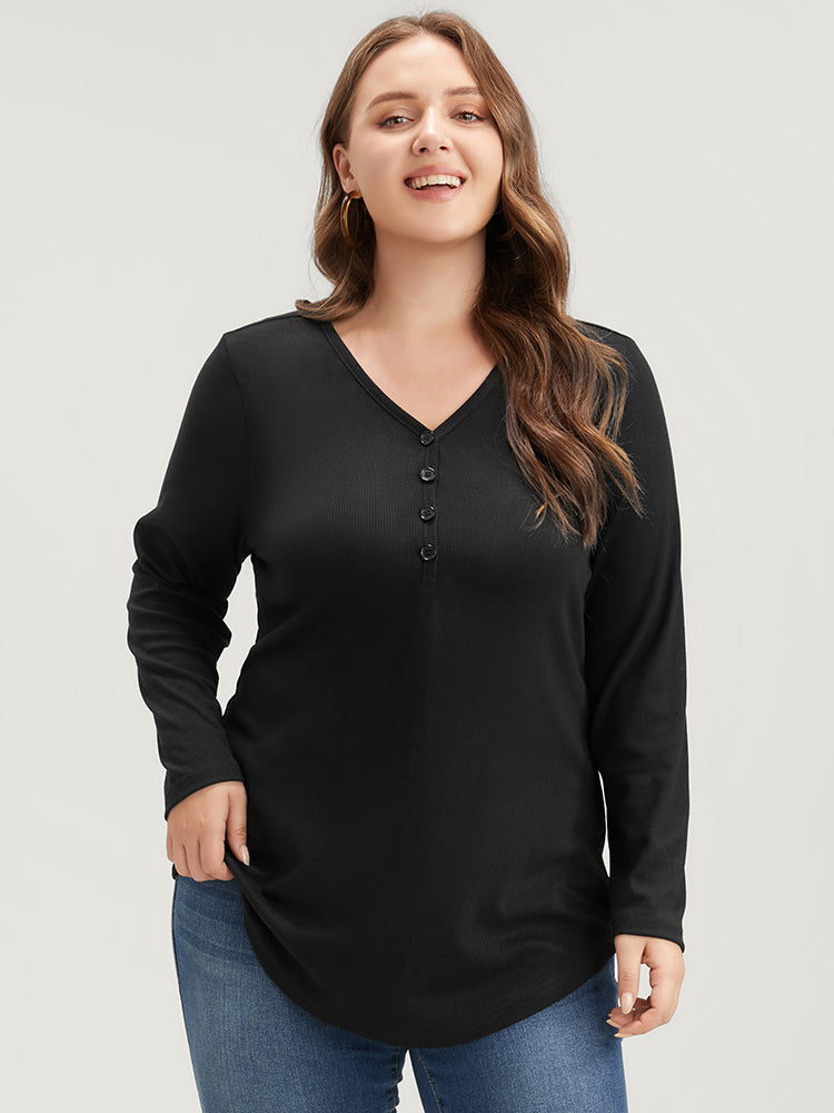 Solid Button Detail Rib Knit Arc Hem Long Tee