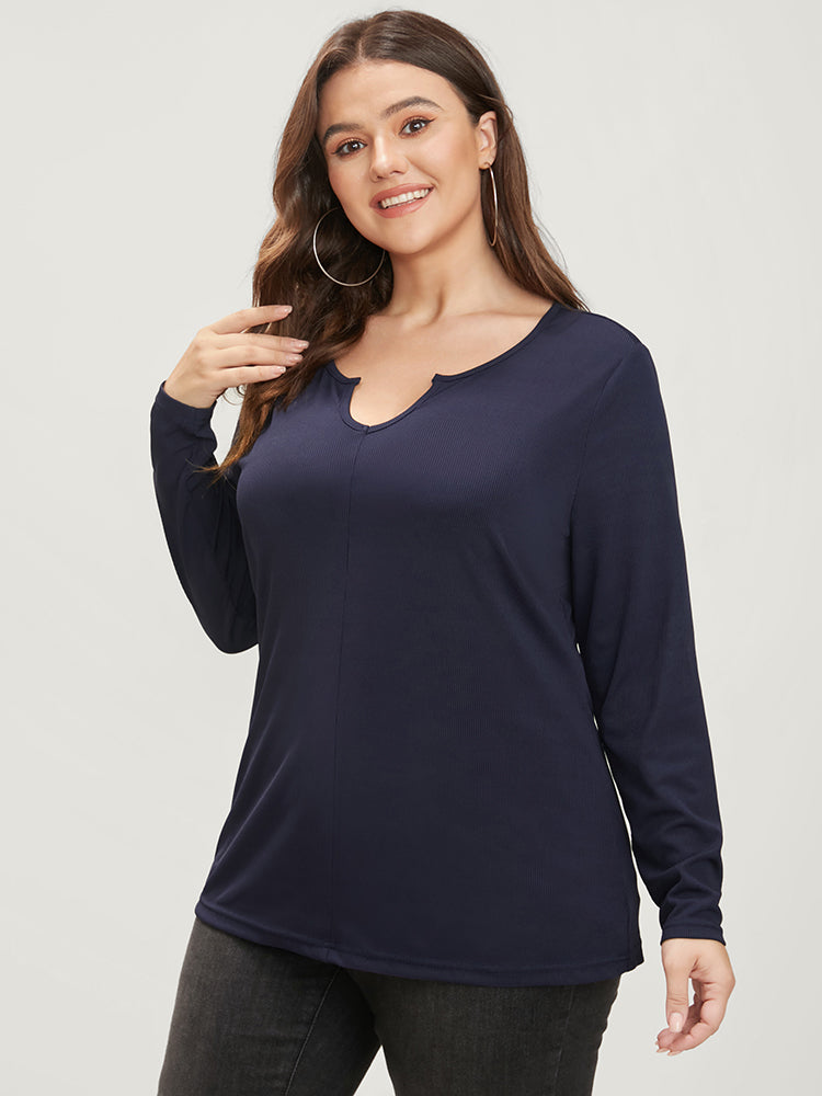 Solid  Notched Rib Knit Long Tee