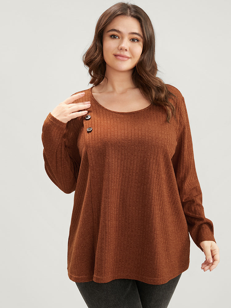 Solid Round Neck Button Detail Rib Knit Long Tee