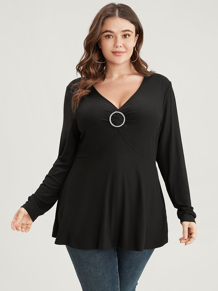 Solid V Neck Buckle Detail Rib Knit Long Tee