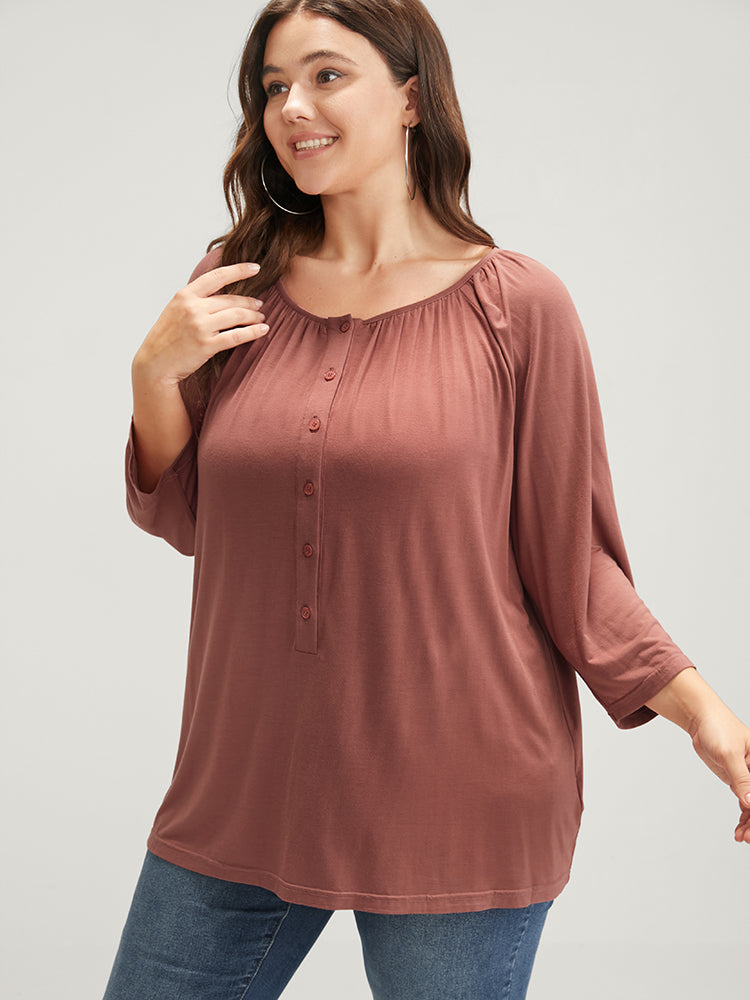 Plain Round Neck Button Modal T-shirt