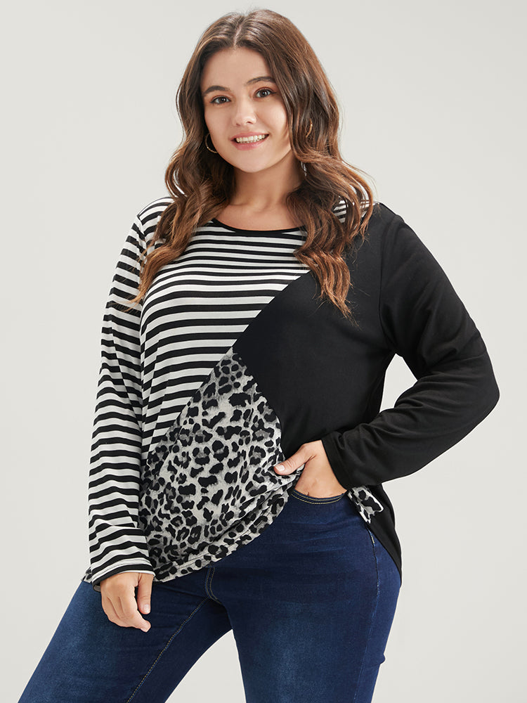 Leopard Striped Contrast Round Neck Long Tee