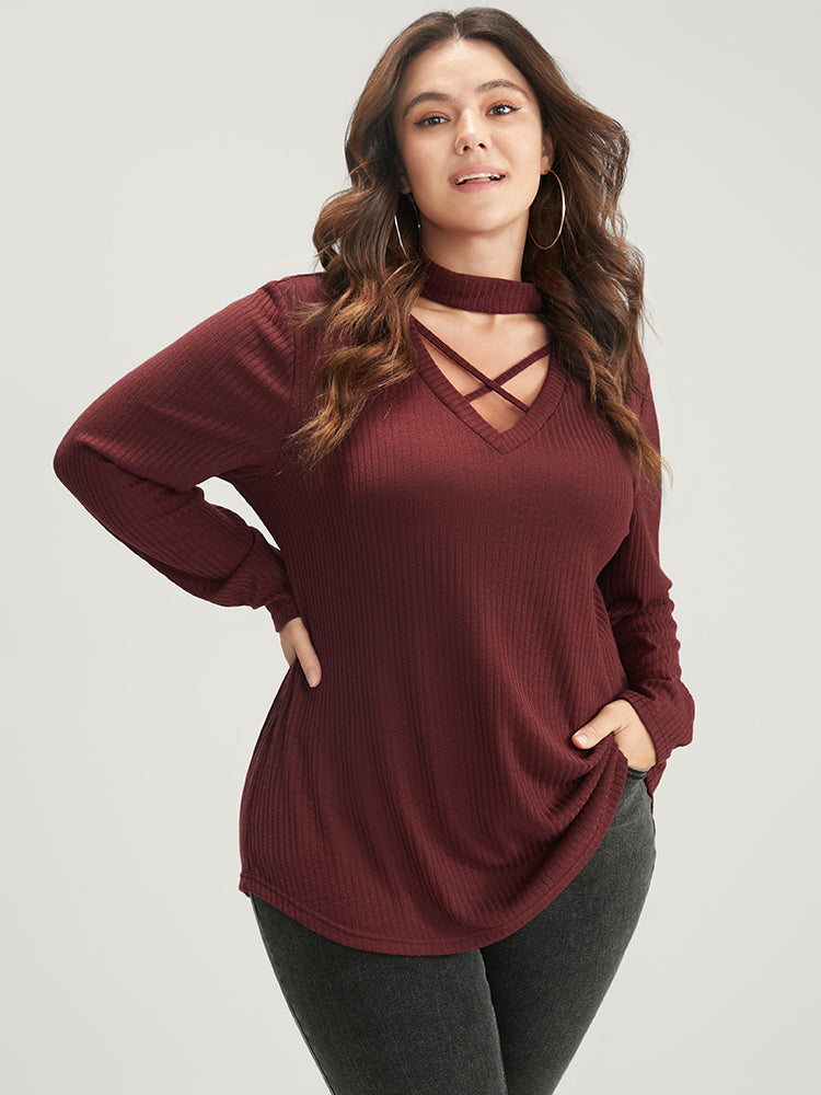 Solid Asymmetrical V Neck Rib Knit Long Tee