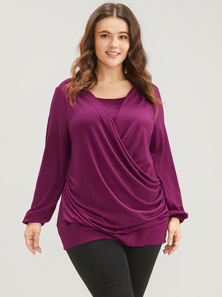 Solid Round Neck Lantern Sleeve Gathered Wrap Long Tee