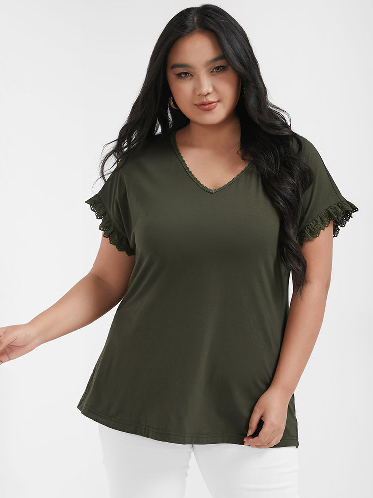 Solid Lace Trim V Neck T-shirt