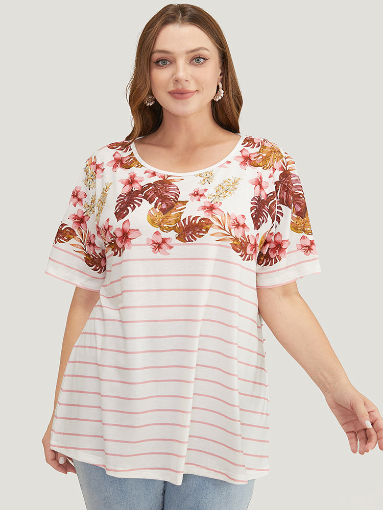 Striped Patchwork Round Neck Floral T-shirt