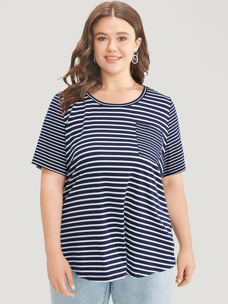 Striped Print Crew Neck Pocket T-shirt