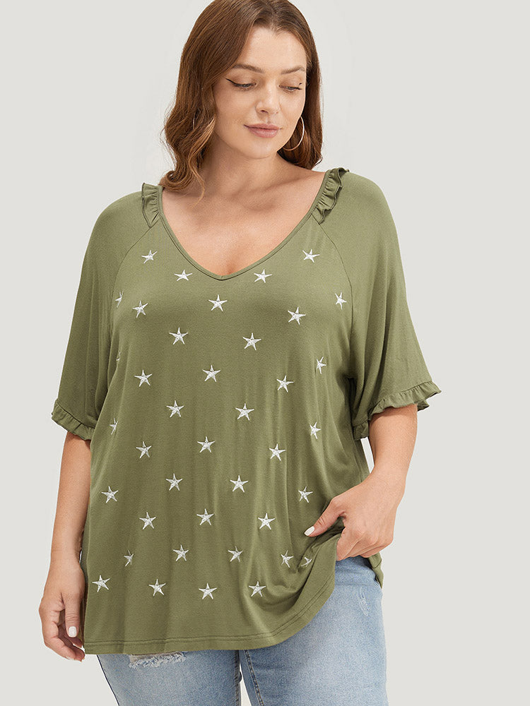 Star Embroidered Ruffle Trim Raglan Sleeve T-shirt