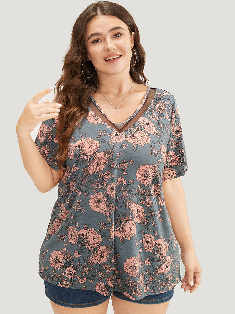 Floral Print Mesh Insert Flutter Sleeve T-shirt