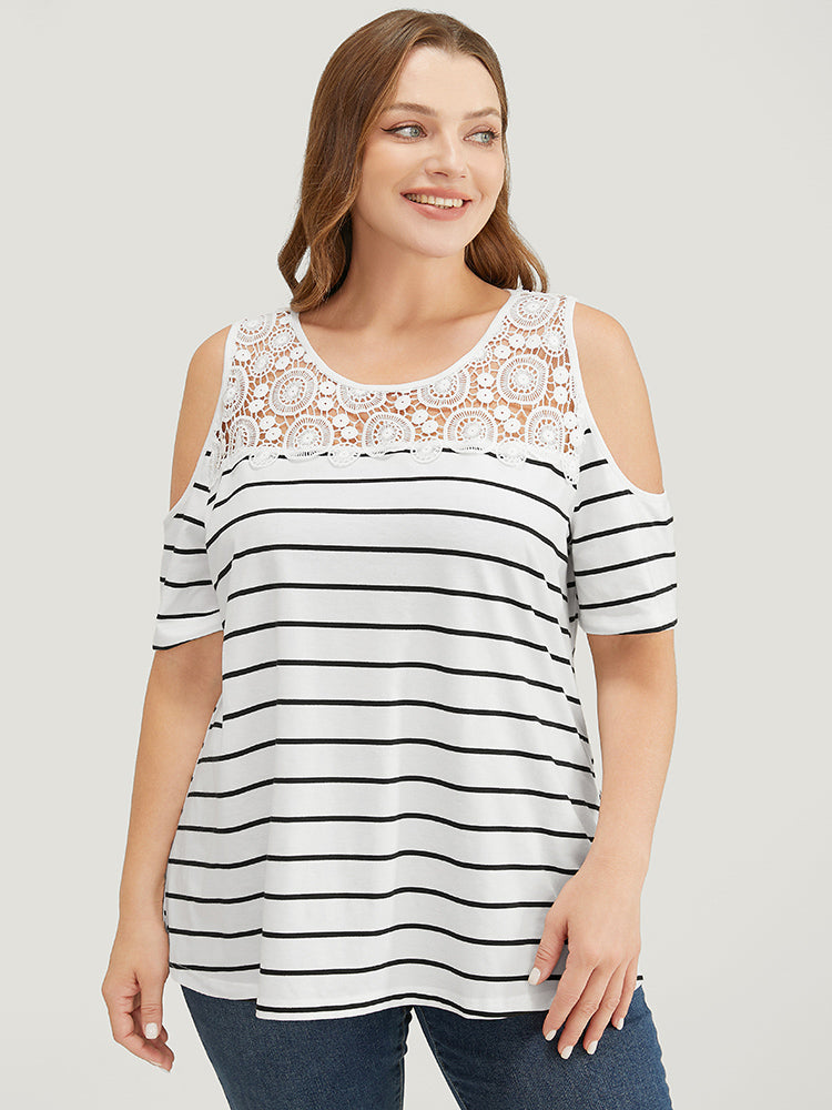 Striped Print Lace Cold Shoulder T-shirt