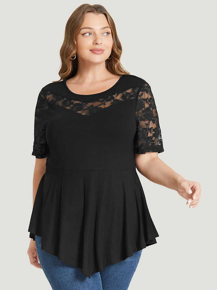 Solid Lace Mesh Asymmetrical Hem T-shirt