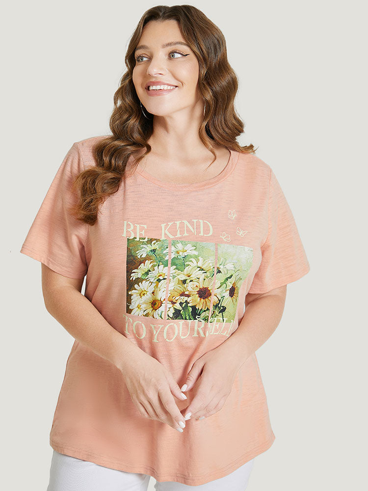 Daisy Floral  & Letter Priint Round Neck T-shirt