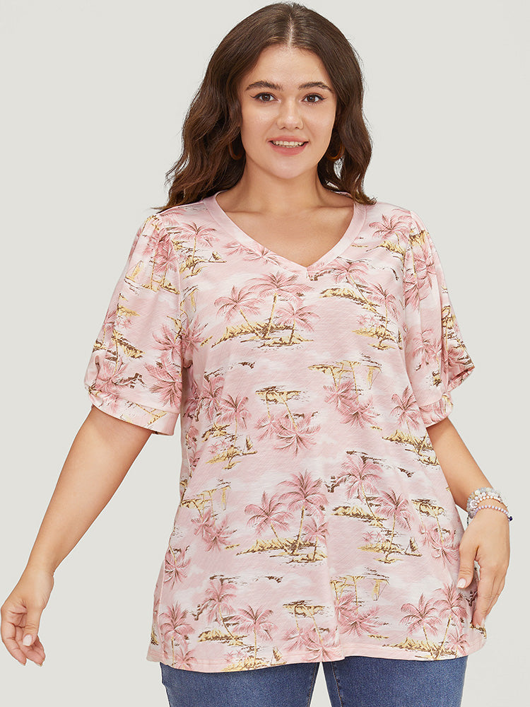 Coconut Tree Print Gathered Twist Sleeve T-shirt