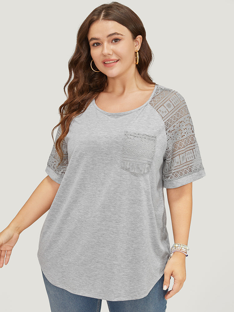 Solid Pocket Contrast Lace Raglan Sleeve Arc Hem T-shirt