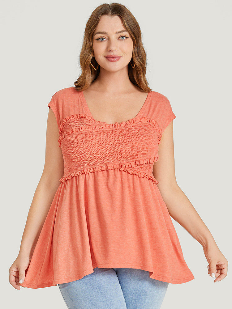 Plain Frill Trim Crossover Shirred Ruffles Sleeveless T-shirt