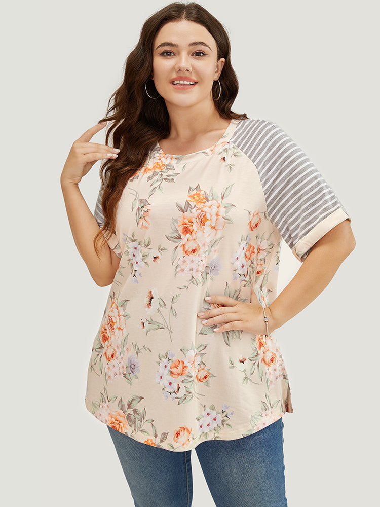 Floral & Striped Print Patchwork Roll Raglan Sleeve T-shirt