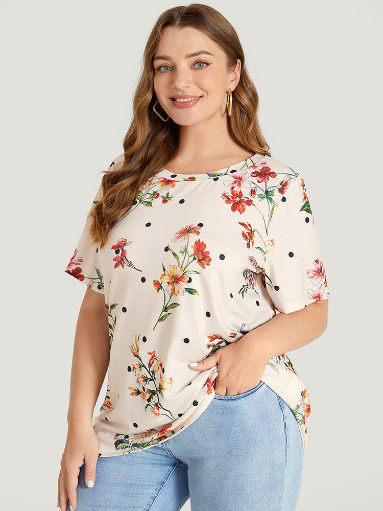 Floral & Polka Dot Round Neck T-shirt