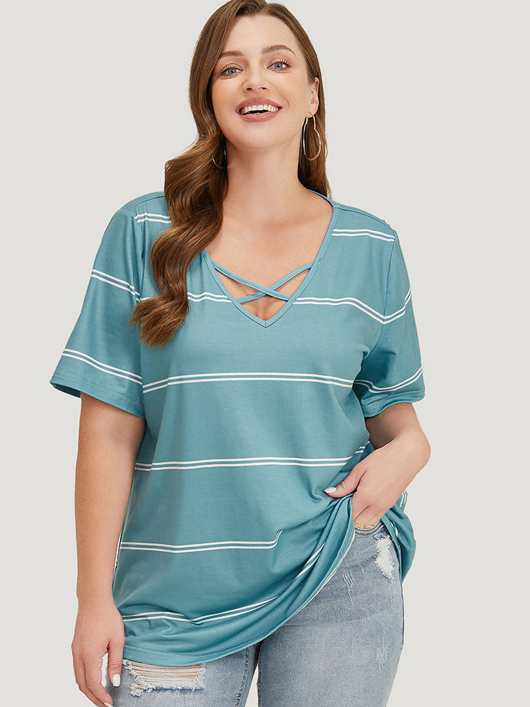 Striped Print Crisscross V Neck T-shirt