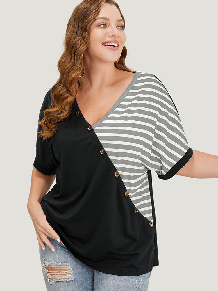 Striped Contrast Wrap Batwing Sleeve Patchwork T-shirt