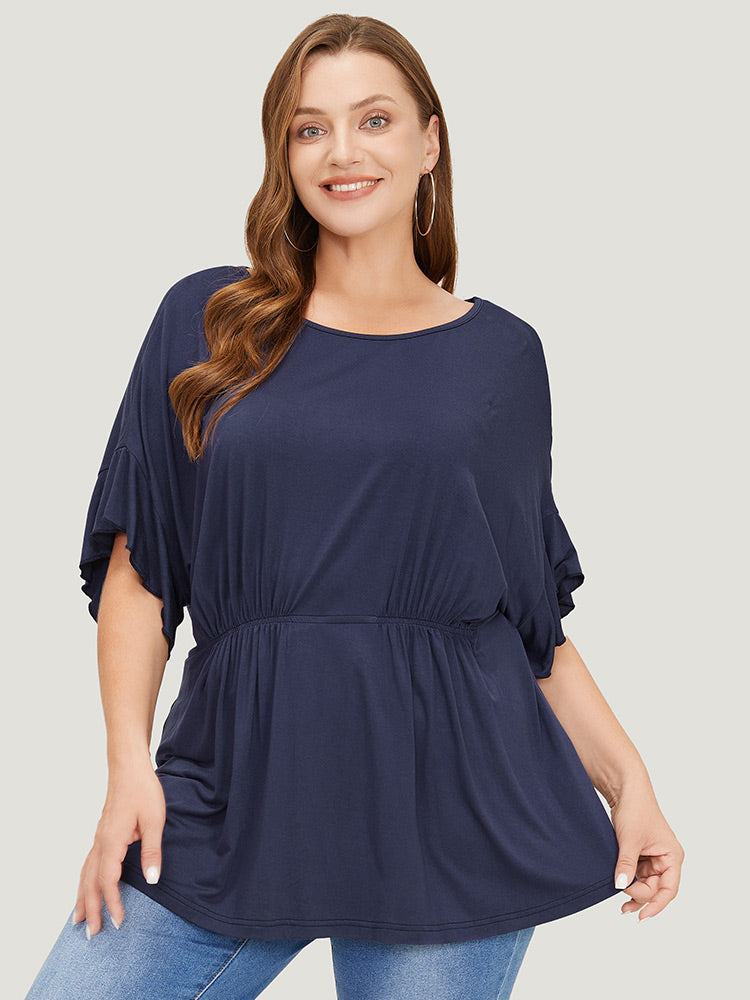 Plain Gathered Batwing Sleeve Ruffle T-shirt