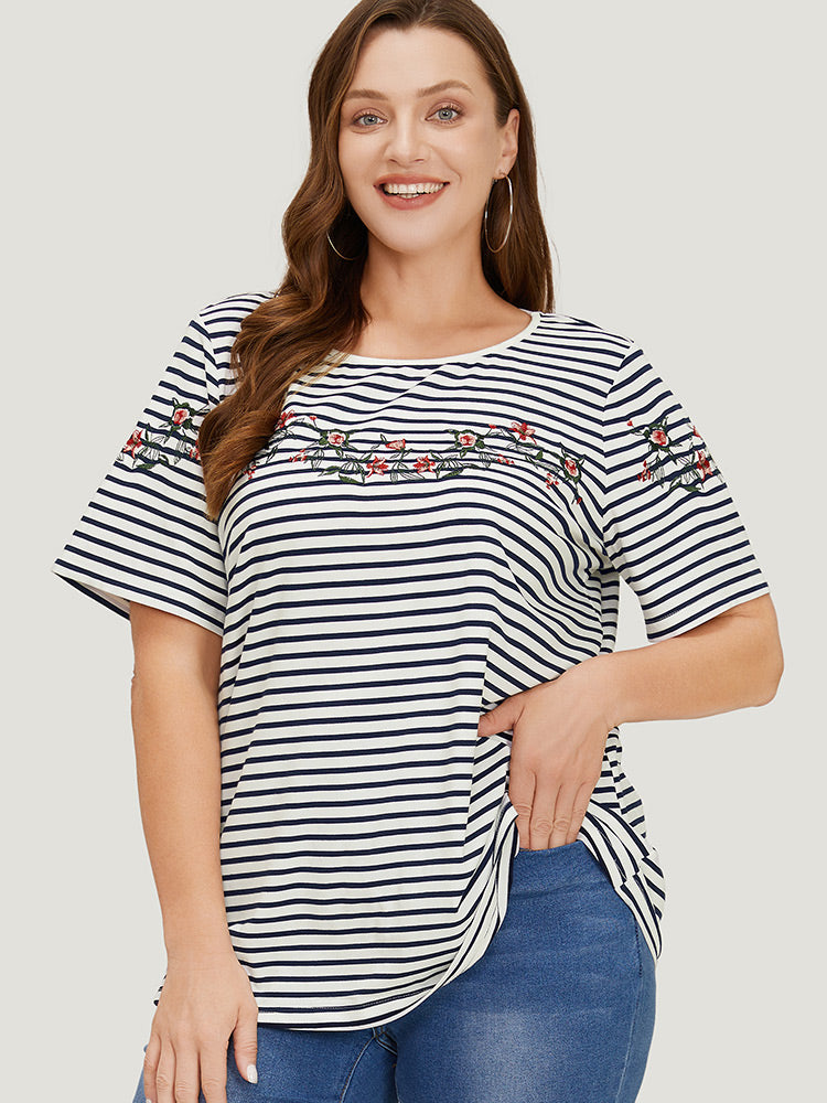 Floral Embroidered Slightly Stretchy Striped T-shirt