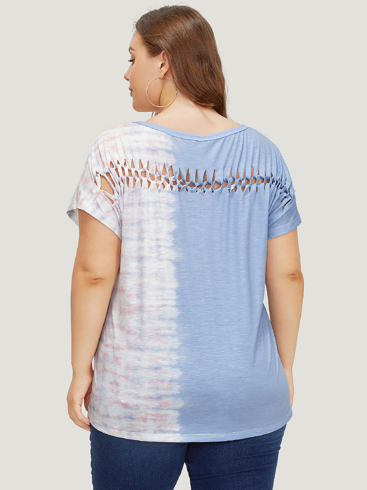 Tie Dye Batwing Sleeve Cut Out Two Tone T-shirt